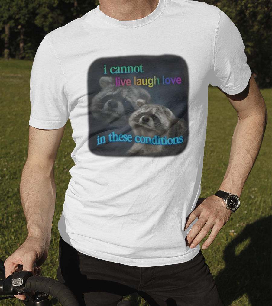 I Cannot Live Laugh Love In These Conditions Raccoon Duo Reality Check T-Shirt