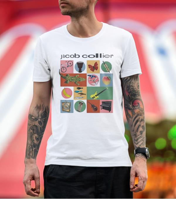 Premium T-Shirt: Jacob Collier 2024 Tour Bicycle Butterfly Gecko Giraffe Keytar Banjo Piano Fish Bird Mango Banana Drums T-Shirt Jacob Collier 2024 Tour Bicycle Butterfly Gecko Giraffe Keytar Banjo Piano Fish Bird Mango Banana Drums T-Shirt