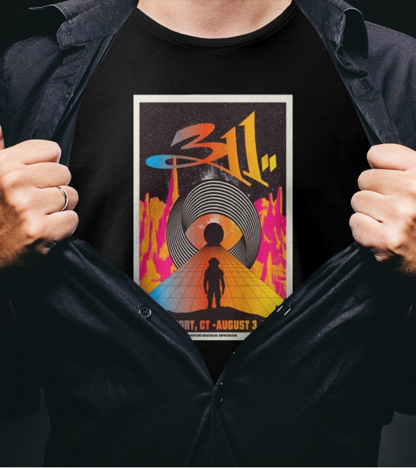 311 Concert Poster At Hartford HealthCare Amphitheater Bridgeport CT August 3 2024 Vintage Sci-Fi Landscape T-Shirt