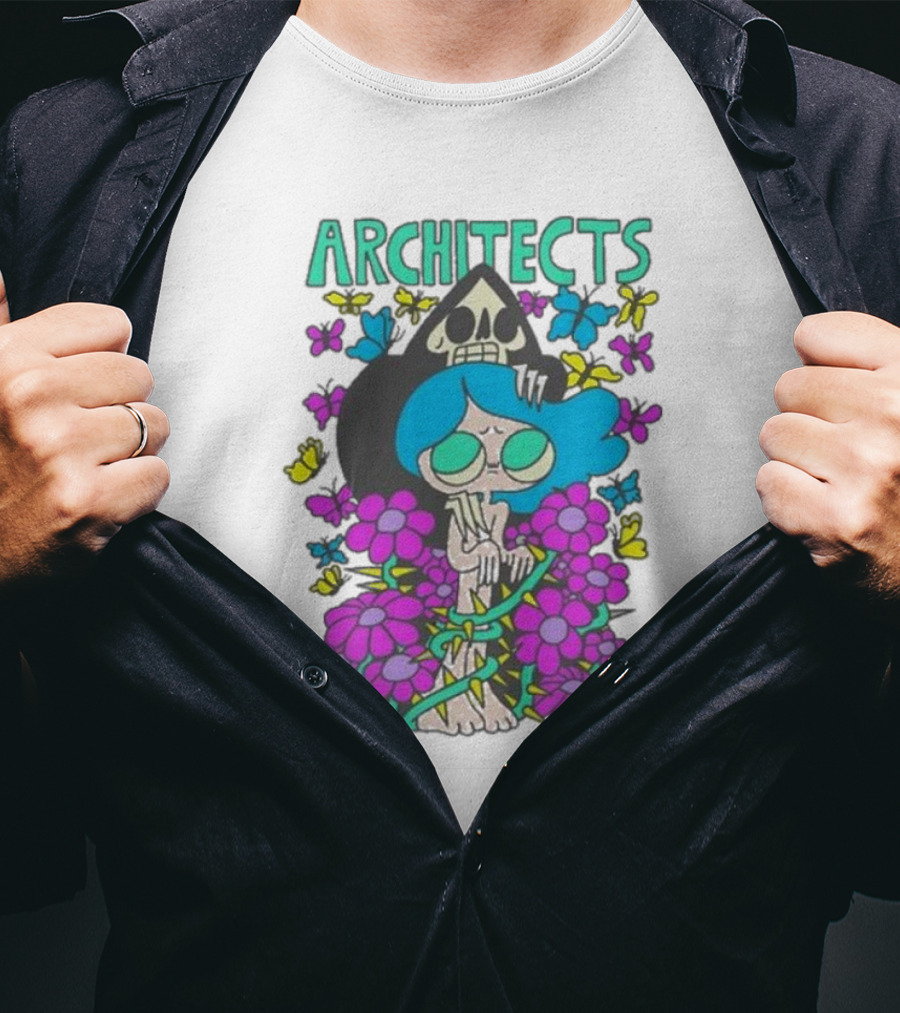 ARCHITECTS Butterfly Skull Skeleton Flowers Blue Hair T-Shirt