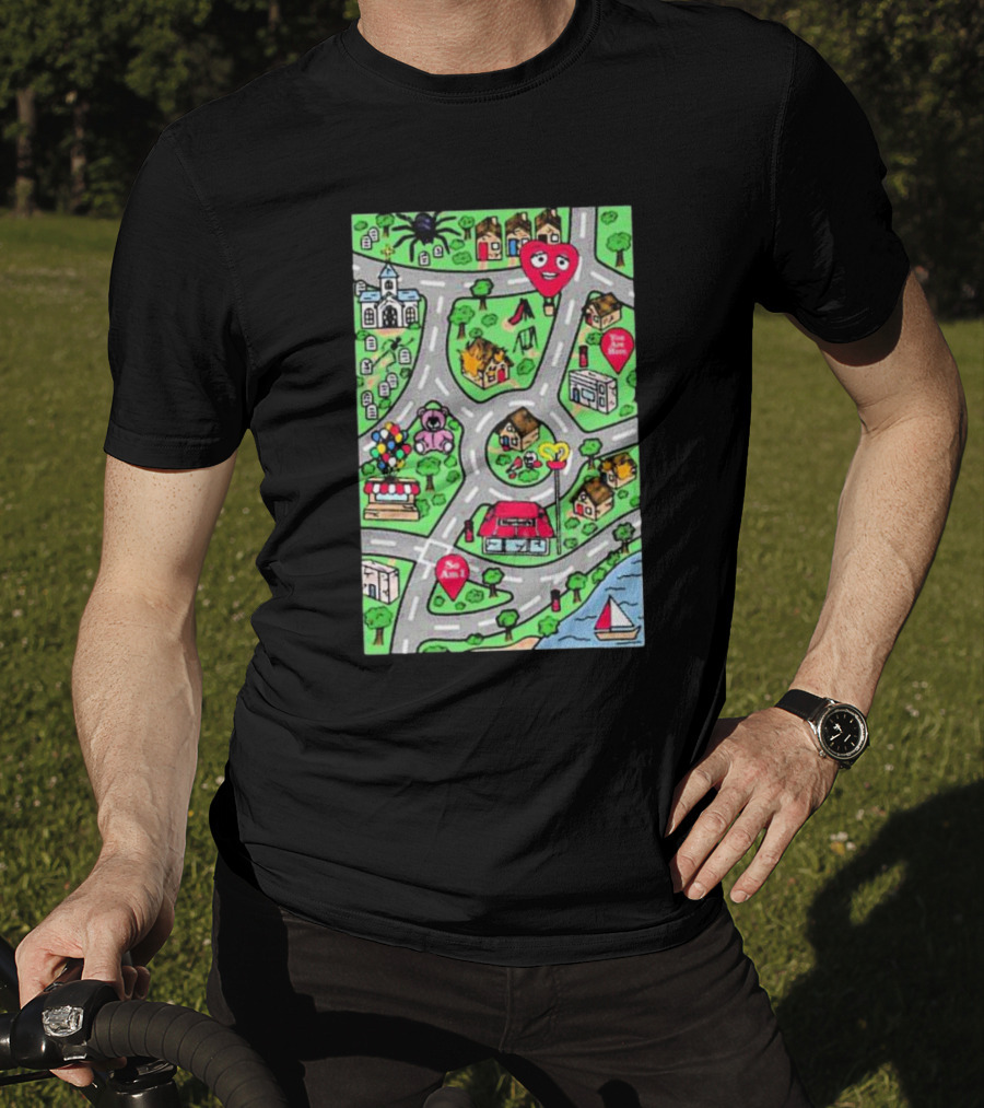 Are We There Yet Cute Cartoon Map With Smiling Landmarks And Colorful Scenery T-Shirt