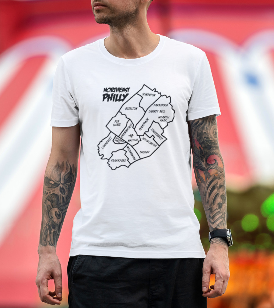 Northeast Philly Map Featuring Somerton Parkwood Liberty Bell Fox Chase Oxford Circle Tacony Frankford Map T-Shirt