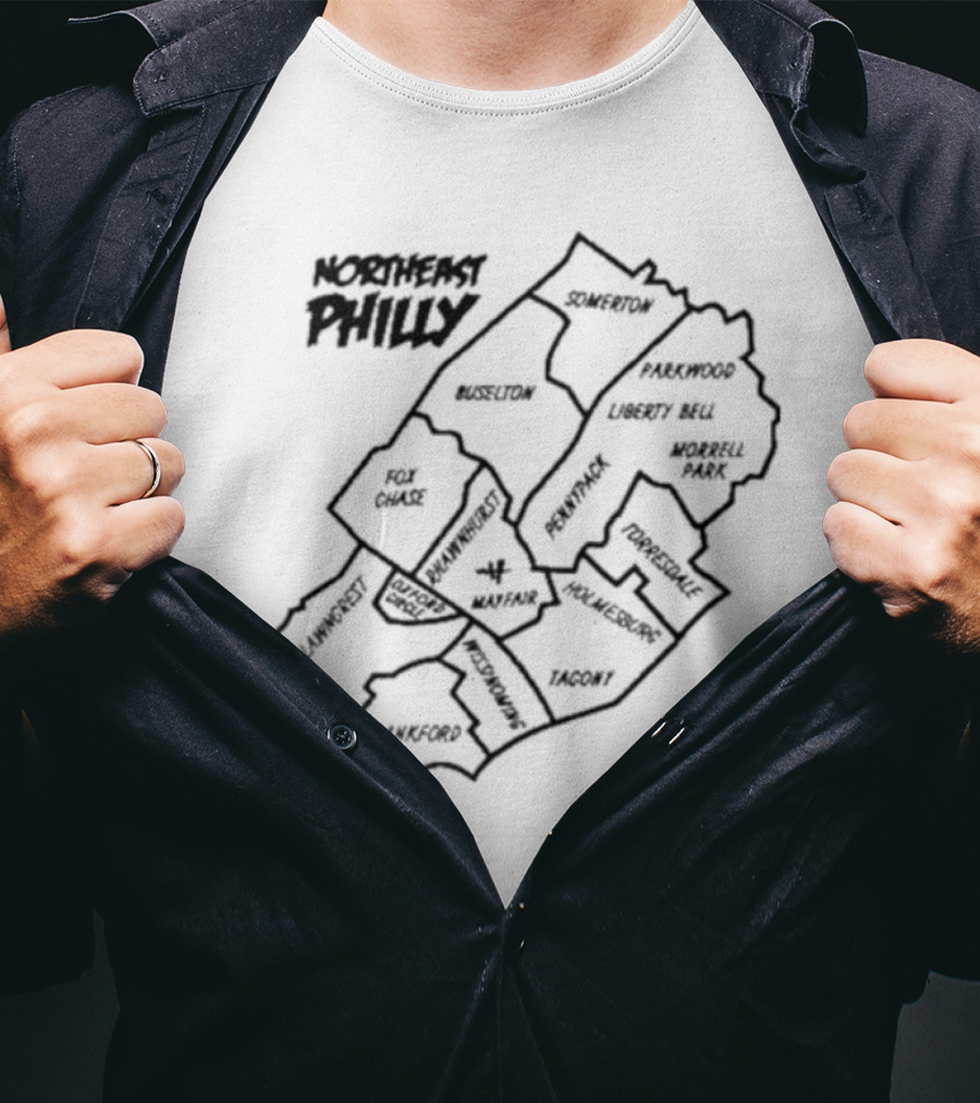 Northeast Philly Map Featuring Somerton Parkwood Liberty Bell Fox Chase Oxford Circle Tacony Frankford Map T-Shirt
