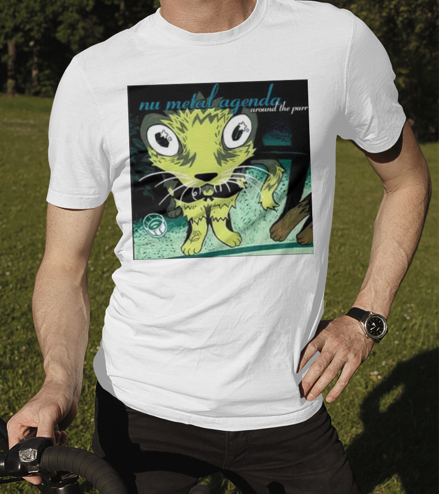Nu Metal Agenda Around The Purr Feline Illustration With Swirling Colors And Bold Letters T-Shirt