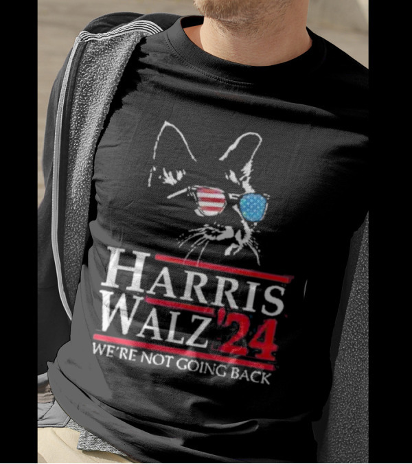 Harris Walz 2024 We’re Not Going Back Cat Sunglasses American Flag T-Shirt