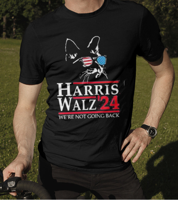 Harris Walz 2024 We’re Not Going Back Cat Sunglasses American Flag T-Shirt