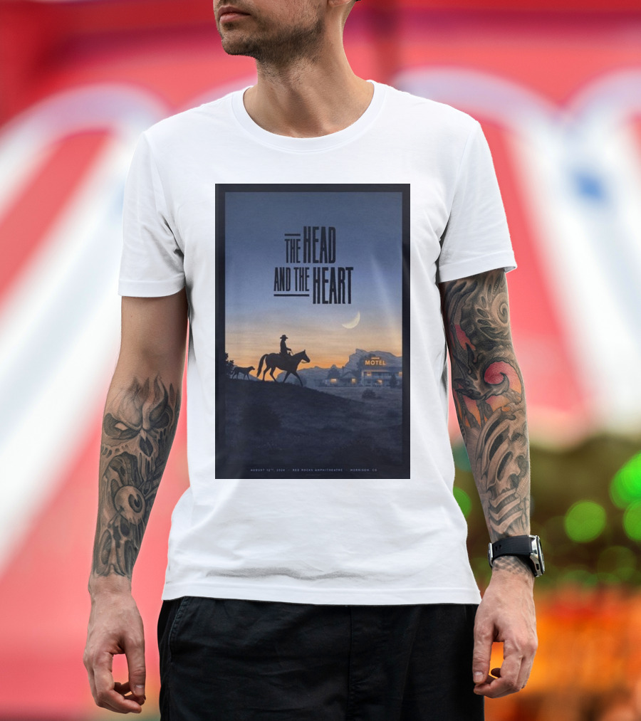The Head And The Heart August 12 2024 Red Rocks Amphitheatre Morrison CO Cowboy Silhouette at Sunset Motel Scene T-Shirt