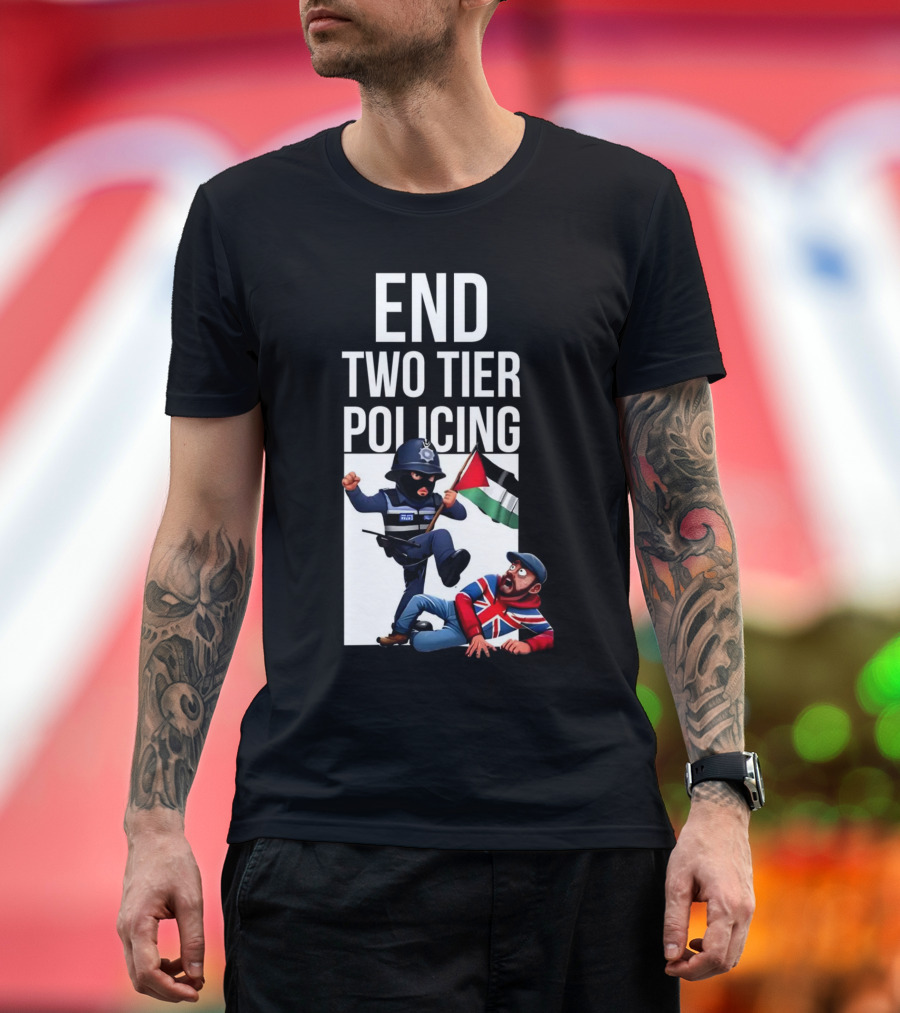 END TWO TIER POLICING British Officer and Palestinian Flag T-Shirt