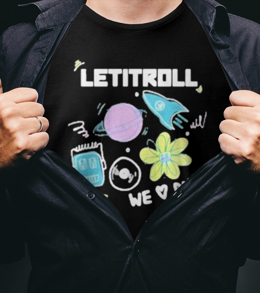 LETITROLL We Love DNB Planet Rocket Robot Flower T-Shirt