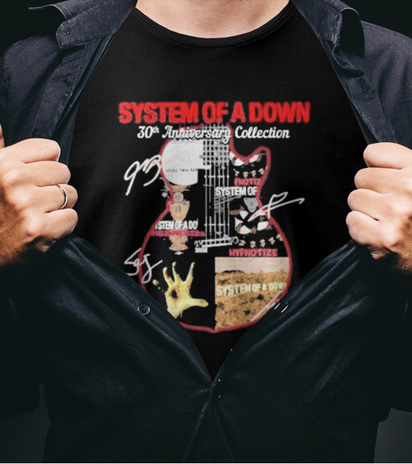 SYSTEM OF A DOWN 30th Anniversary Collection Signatures Guitar Art Hypnotize Steal This Album Iconic T-Shirt