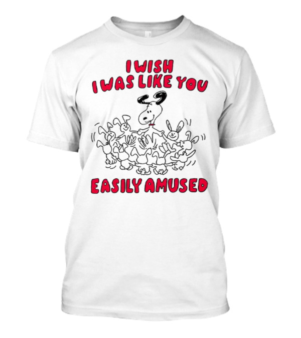 I Wish I Was Like You Easily Amused Black And Red Cartoon Character Surrounded By Dancing Bunnies T-Shirt