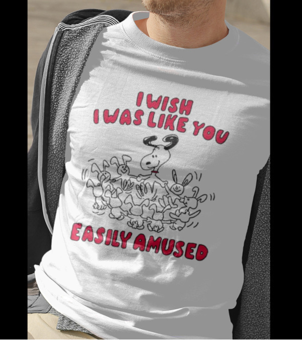 I Wish I Was Like You Easily Amused Black And Red Cartoon Character Surrounded By Dancing Bunnies T-Shirt
