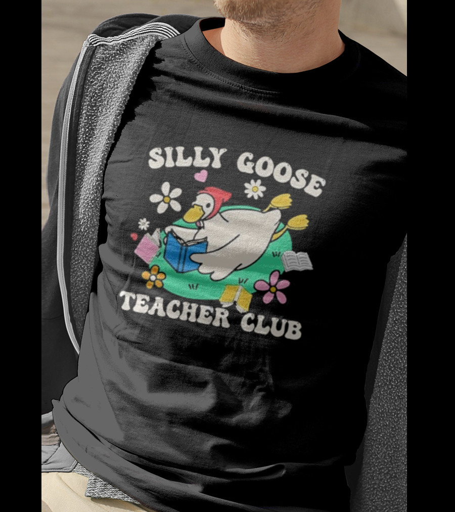Silly Goose Teacher Club Reading Duck With Flowers And Open Books T-Shirt