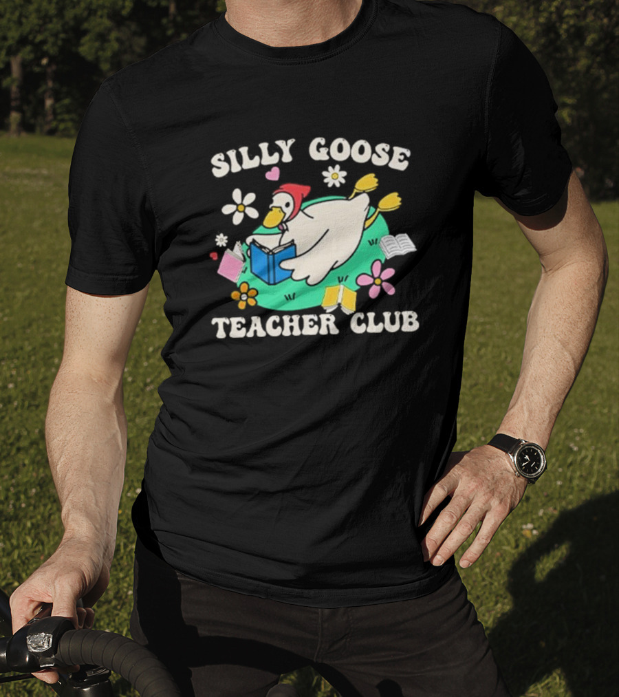 Silly Goose Teacher Club Reading Duck With Flowers And Open Books T-Shirt