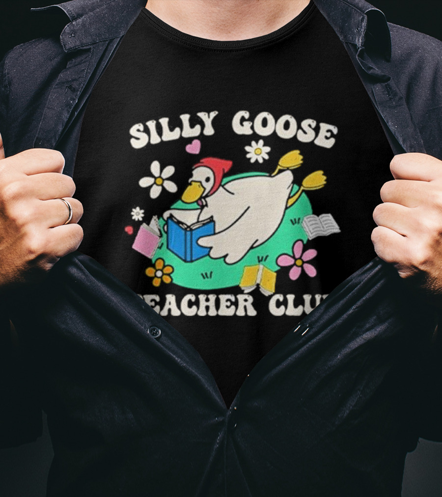 Silly Goose Teacher Club Reading Duck With Flowers And Open Books T-Shirt
