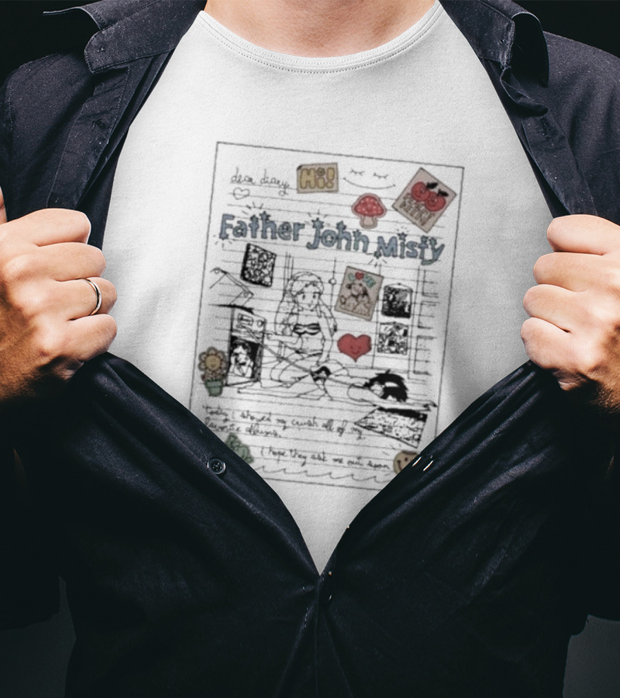Dear Diary Father John Misty Illustrated Notebook Page With Doodles Hearts And Smiley Stickers T-Shirt
