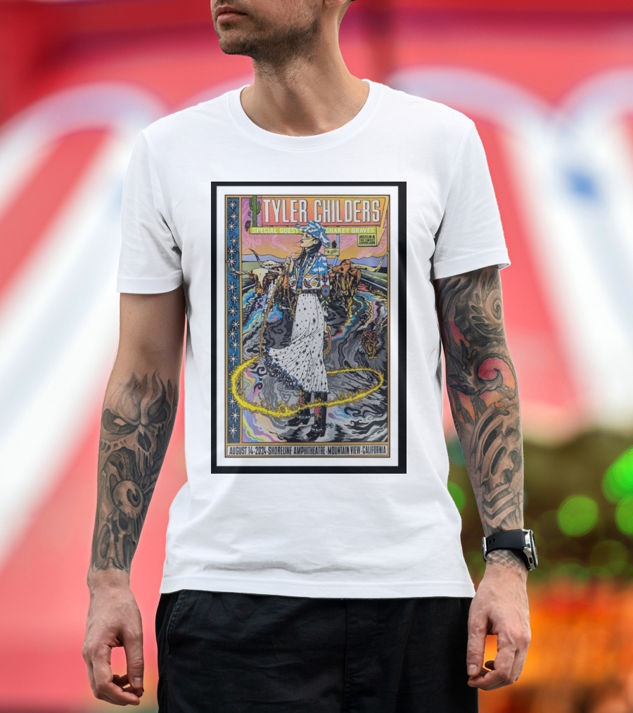 Tyler Childers Special Guest Shakey Graves August 14 2024 Shoreline Amphitheatre Mountain View California Concert Poster with Colorful Western Scene T