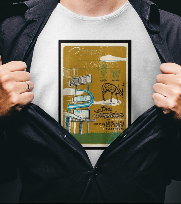 Chris Stapleton Aug 1 2024 BankNH Pavilion Gilford NH With Grace Potter Allen Stone Vintage Neon Sign T-Shirt