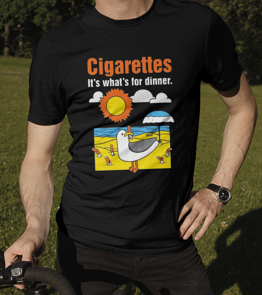 Cigarettes It's What's For Dinner Beach Seagull Cartoon With Sun And Umbrella T-Shirt