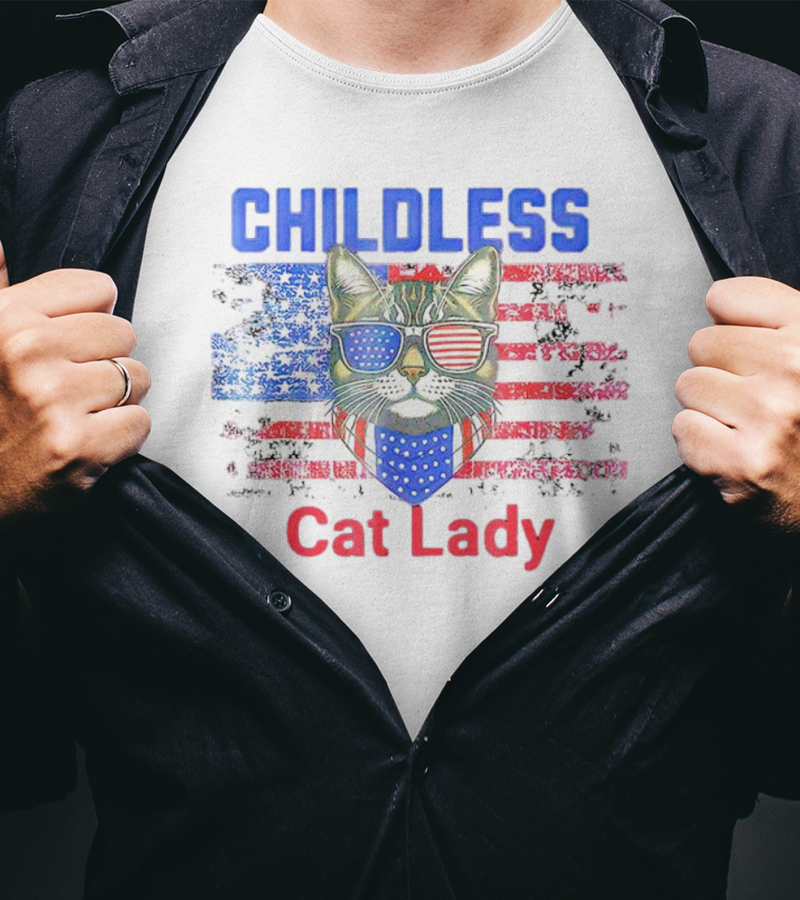 Childless Cat Lady USA Flag Sunglasses T-Shirt