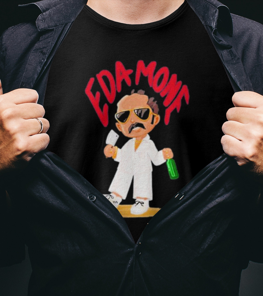 Eda Mone Rangan Chettan Cartoon Character In White Suit With Sunglasses Holding Cleaver And Bottle T-Shirt