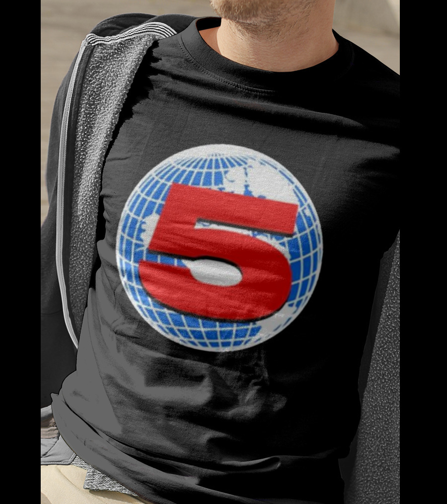 Red Number 5 On Blue And White Globe Background T-Shirt