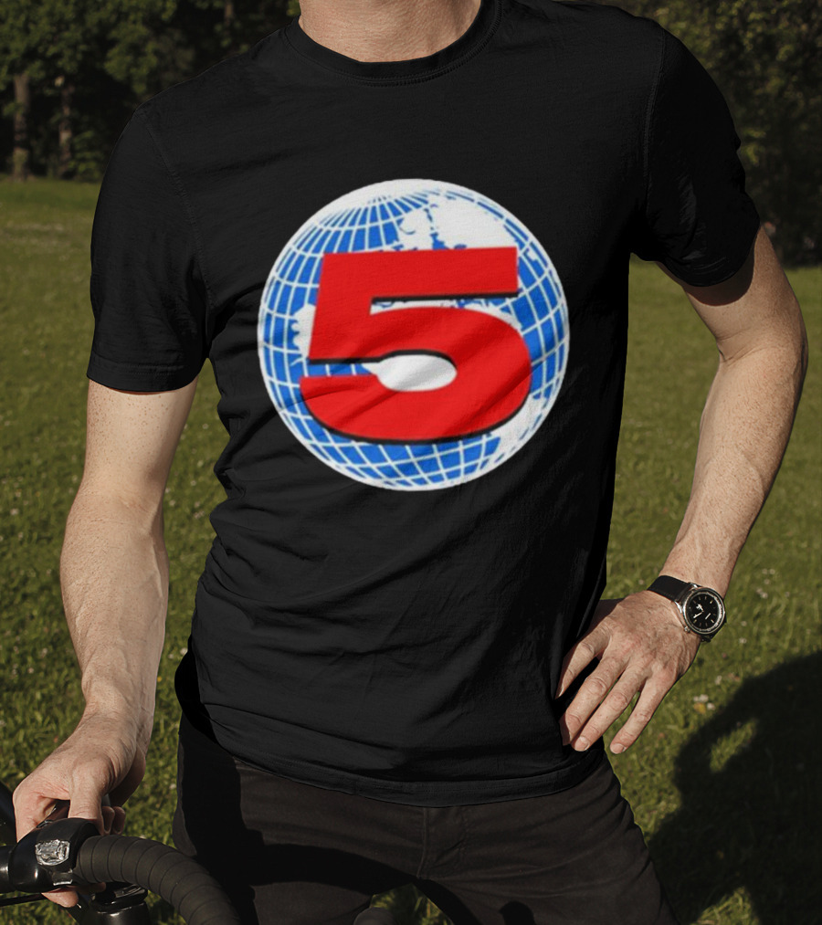 Red Number 5 On Blue And White Globe Background T-Shirt