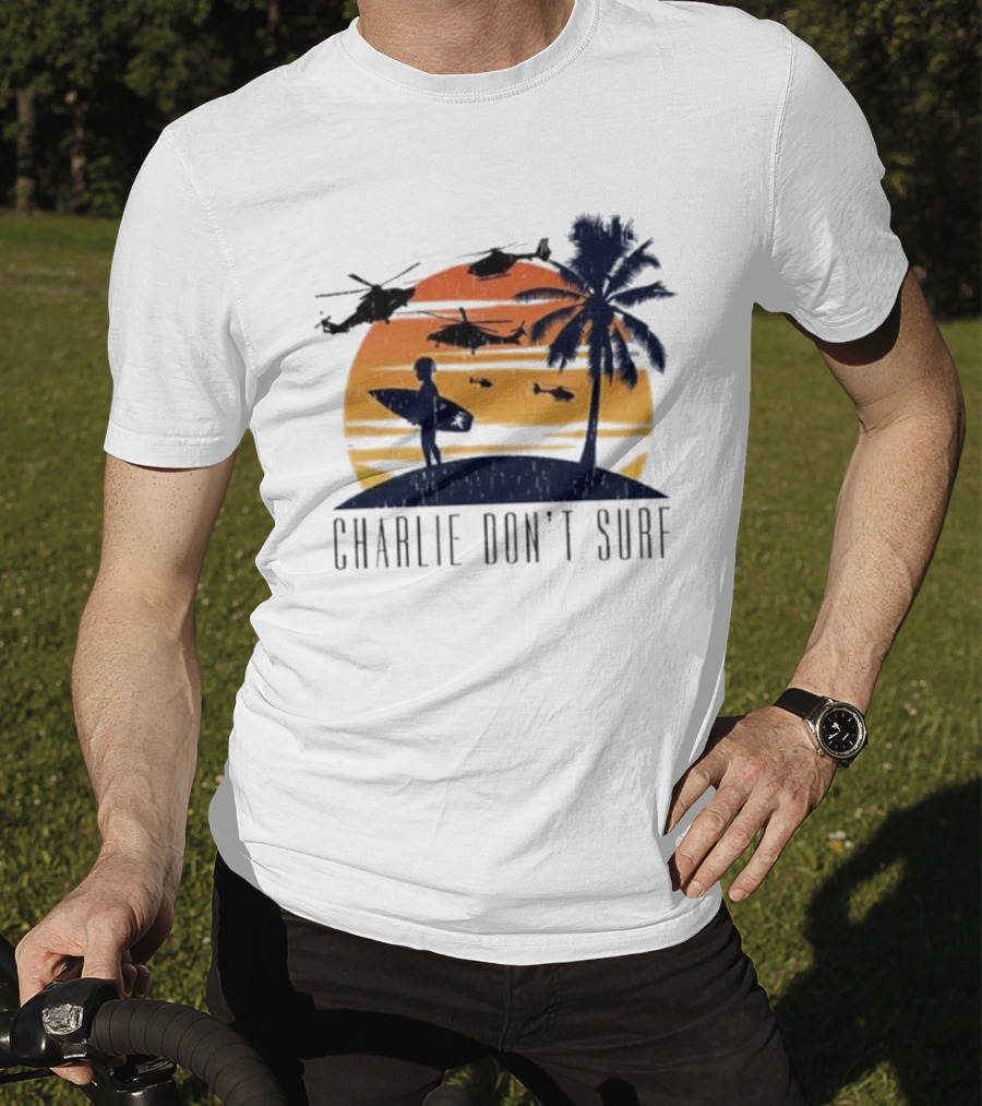 Charlie Don’t Surf Helicopters Palm Sunset Surfer T-Shirt