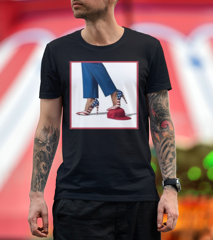 Kamala American Flag High Heels Stepping on Red MAGA Hat T-Shirt