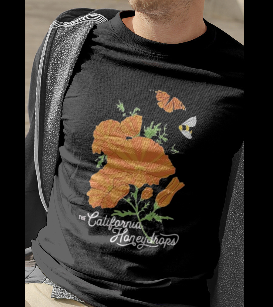 The California Honeydrops Orange Poppies Meadow With Butterfly And Bee T-Shirt