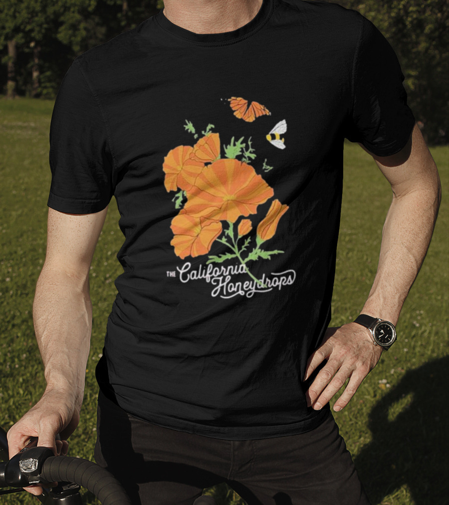 The California Honeydrops Orange Poppies Meadow With Butterfly And Bee T-Shirt