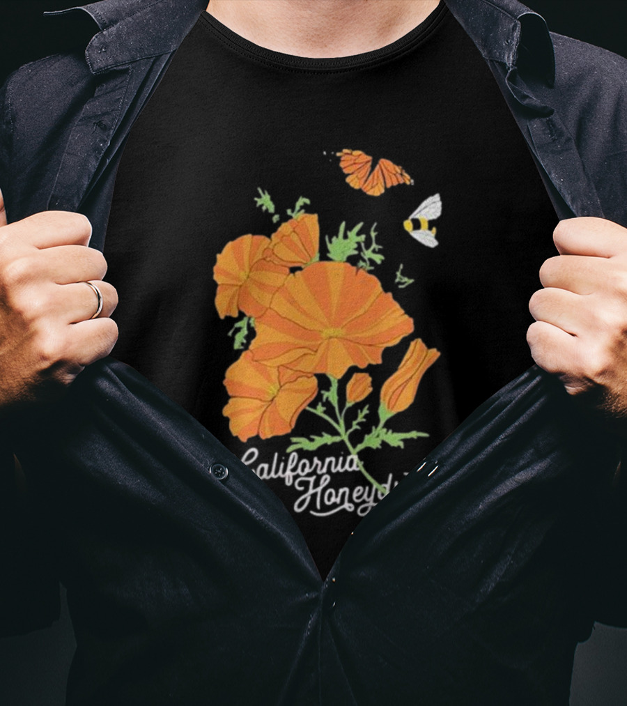 The California Honeydrops Orange Poppies Meadow With Butterfly And Bee T-Shirt