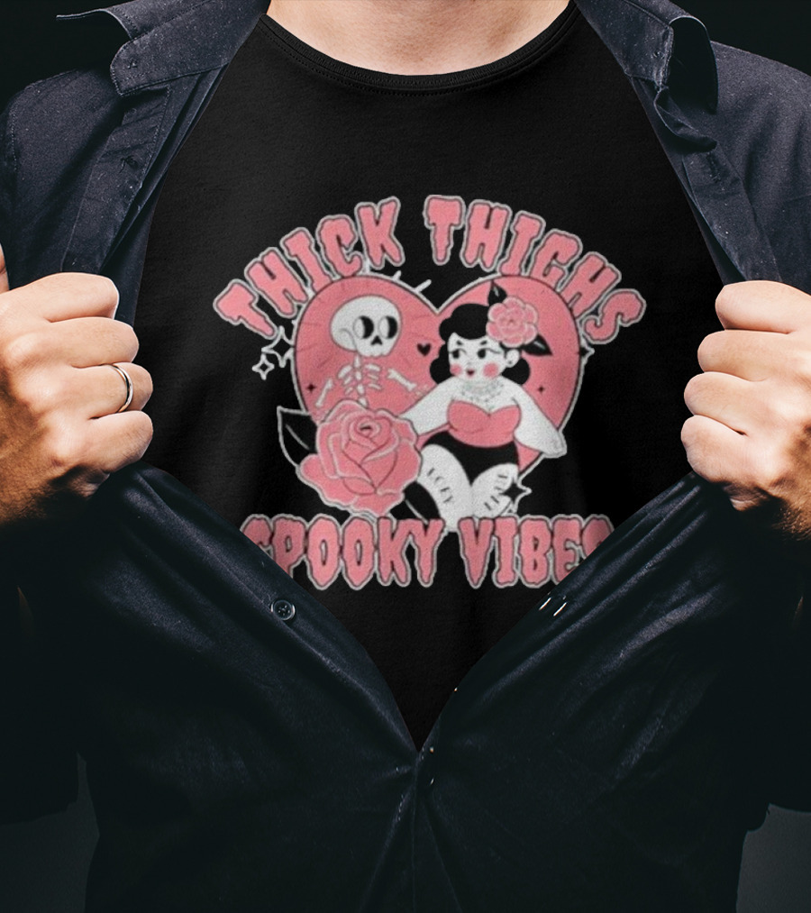 Thick Thighs Spooky Vibes Skeleton Heart Pin-Up Rose T-Shirt