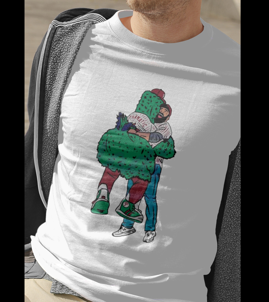 Phanatic Phillies Mascot Embrace With Baseball Player T-Shirt