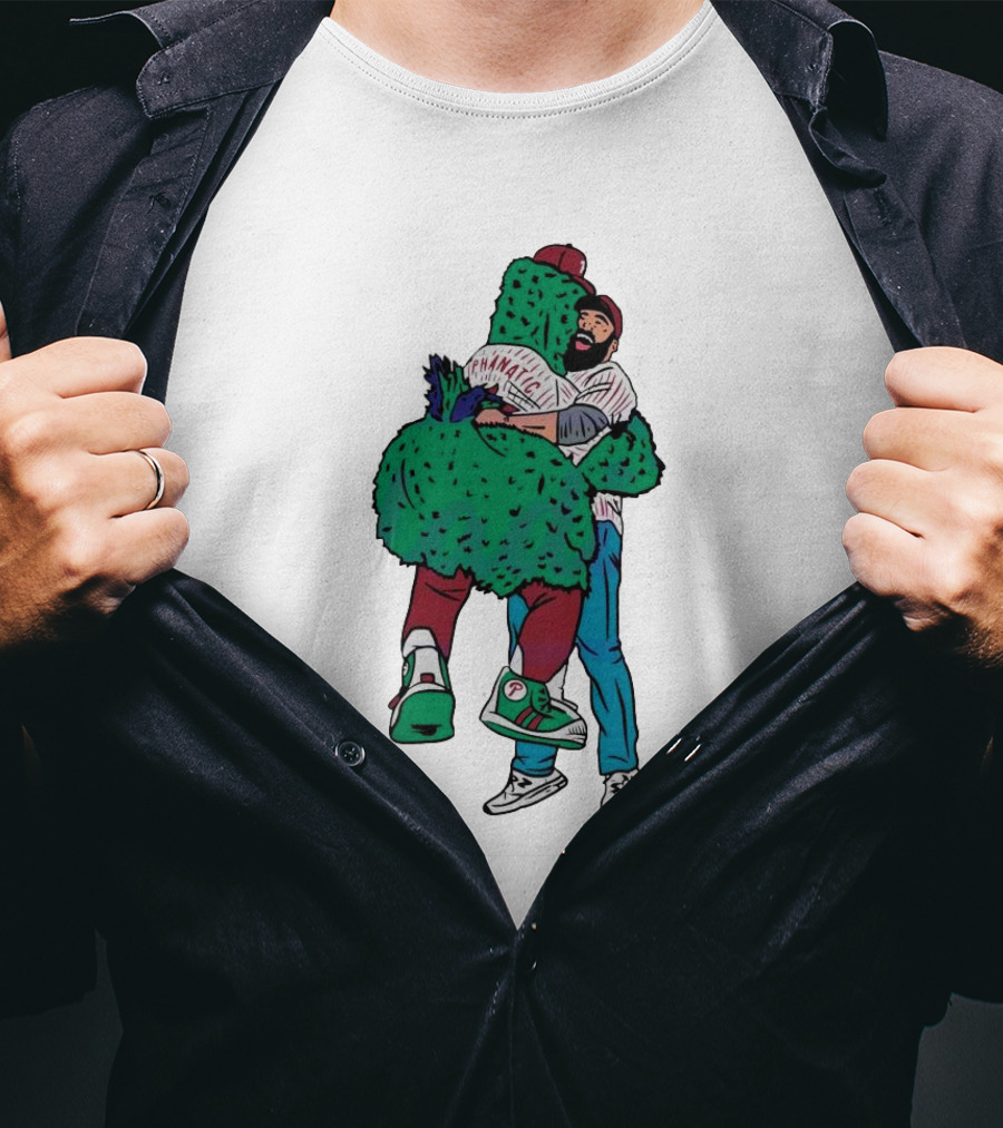 Phanatic Phillies Mascot Embrace With Baseball Player T-Shirt