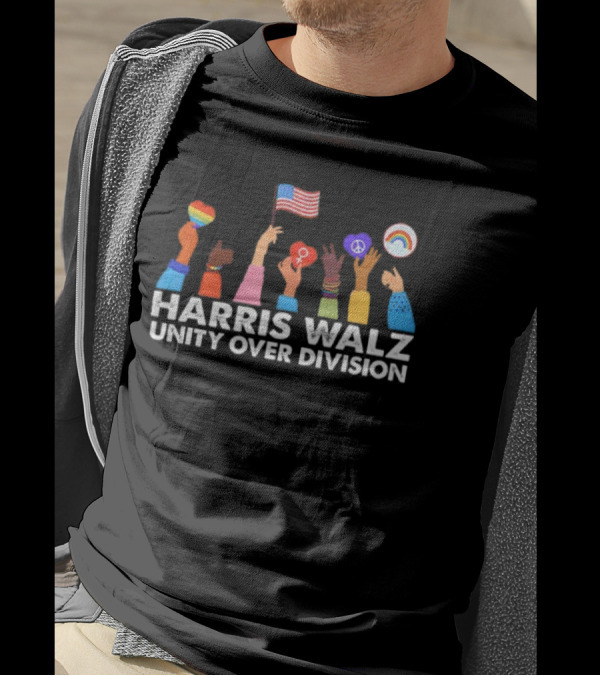 Harris Walz Unity Over Division Hands With Flags And Symbols T-Shirt