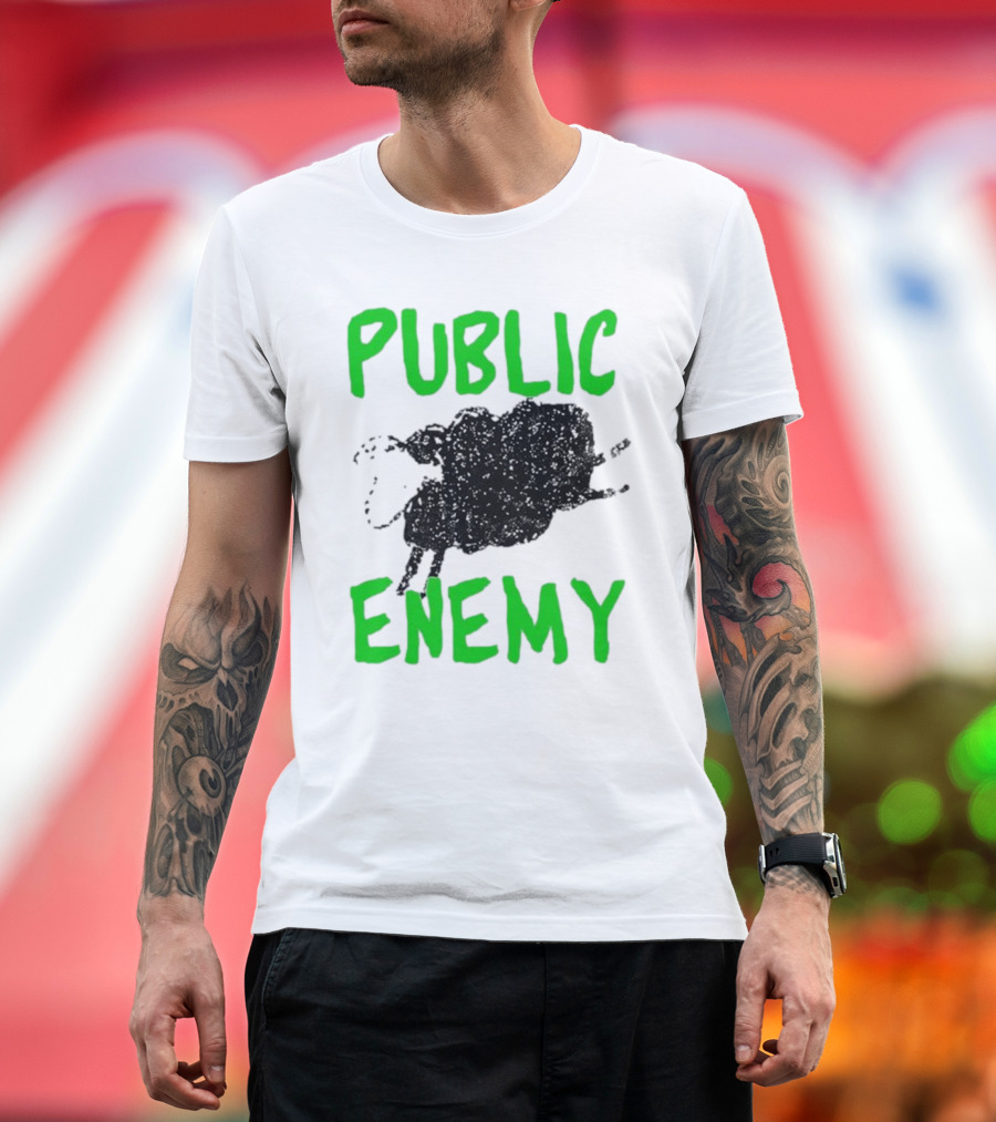 Public Enemy Sheep Black and Green Text T-Shirt