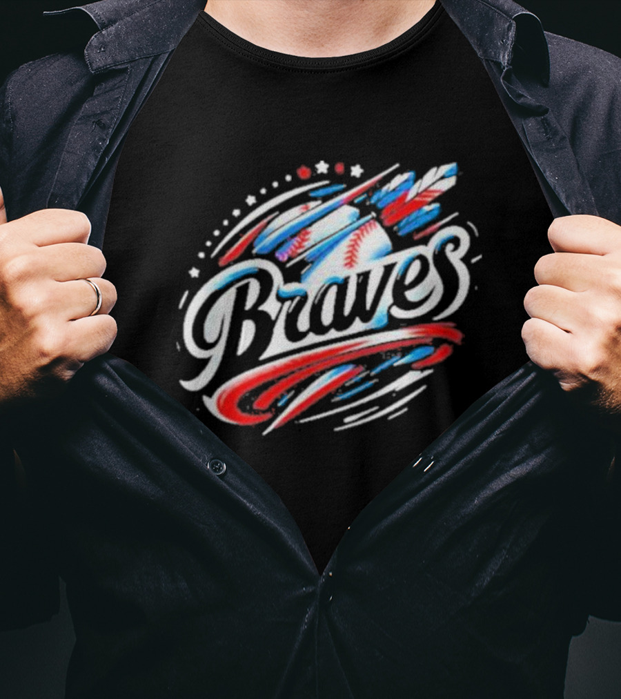 Braves Baseball Feathers MLB Team Logo With Stars And Stripes Motif T-Shirt