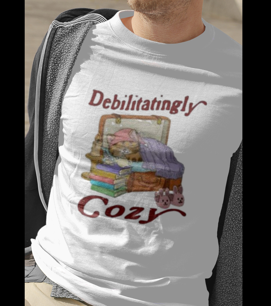 Debilitatingly Cozy Cat In Suitcase With Books And Bunny Slippers T-Shirt