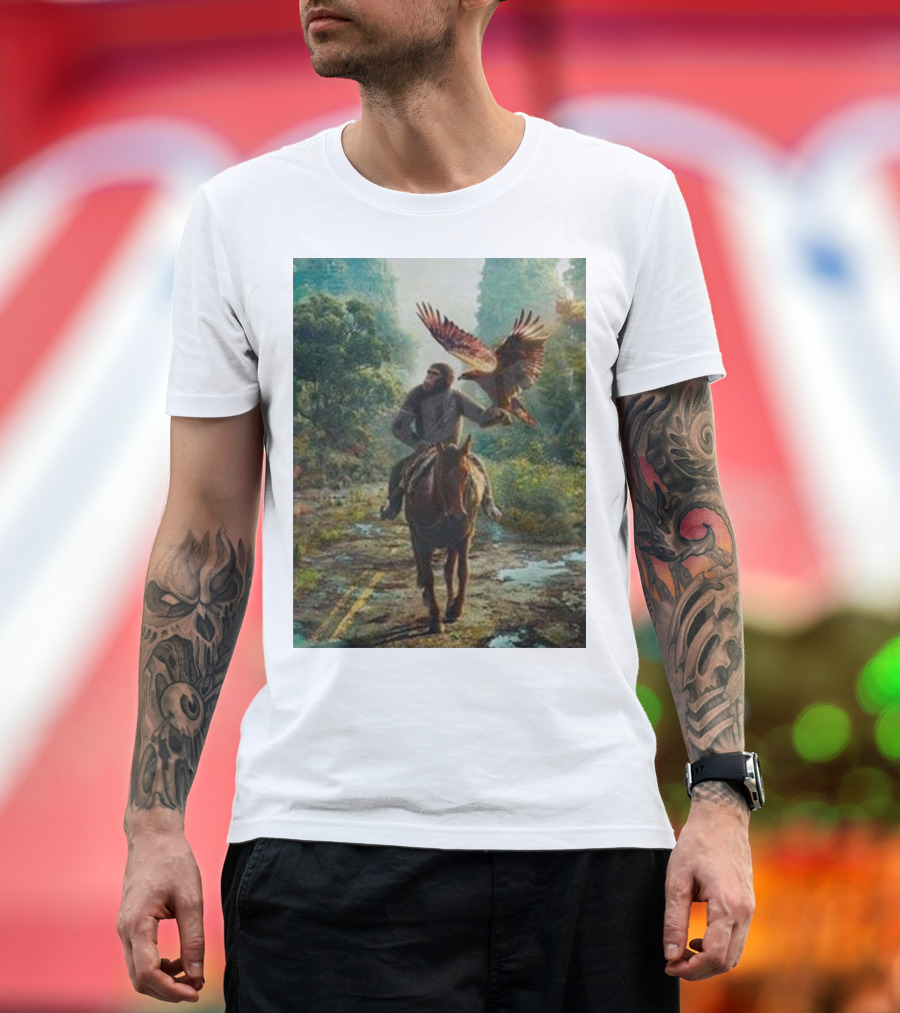 Coming Soon Kingdom of the Planet of the Apes Movie 2024 Forest Path with Ape on Horse and Soaring Eagle T-Shirt