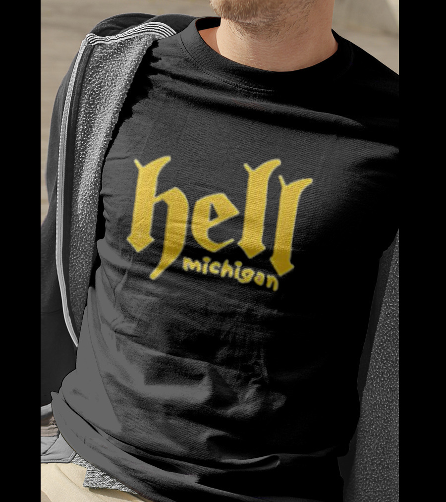 Hell Michigan Yellow Gothic Text T-Shirt