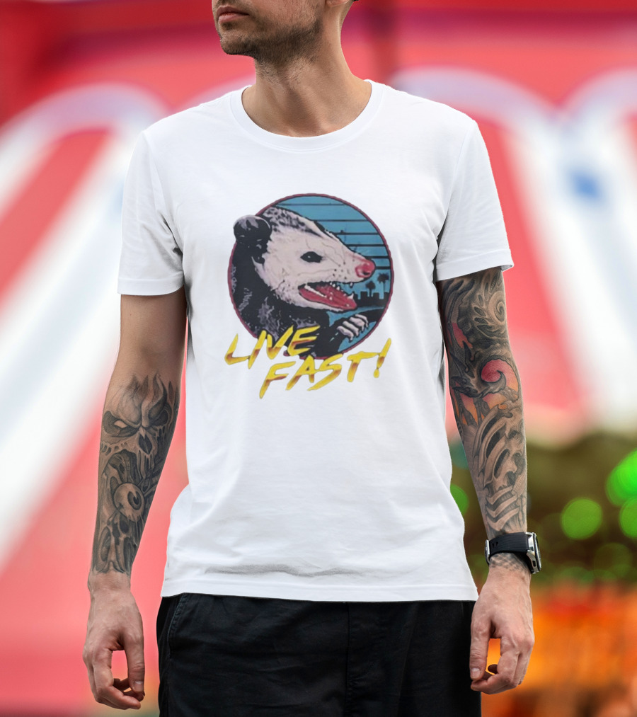 Live Fast Hiss Possum City Skyline T-Shirt