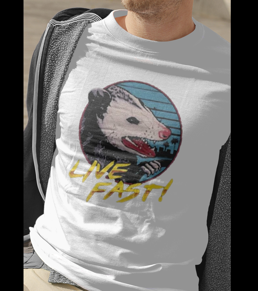 Live Fast Hiss Possum City Skyline T-Shirt