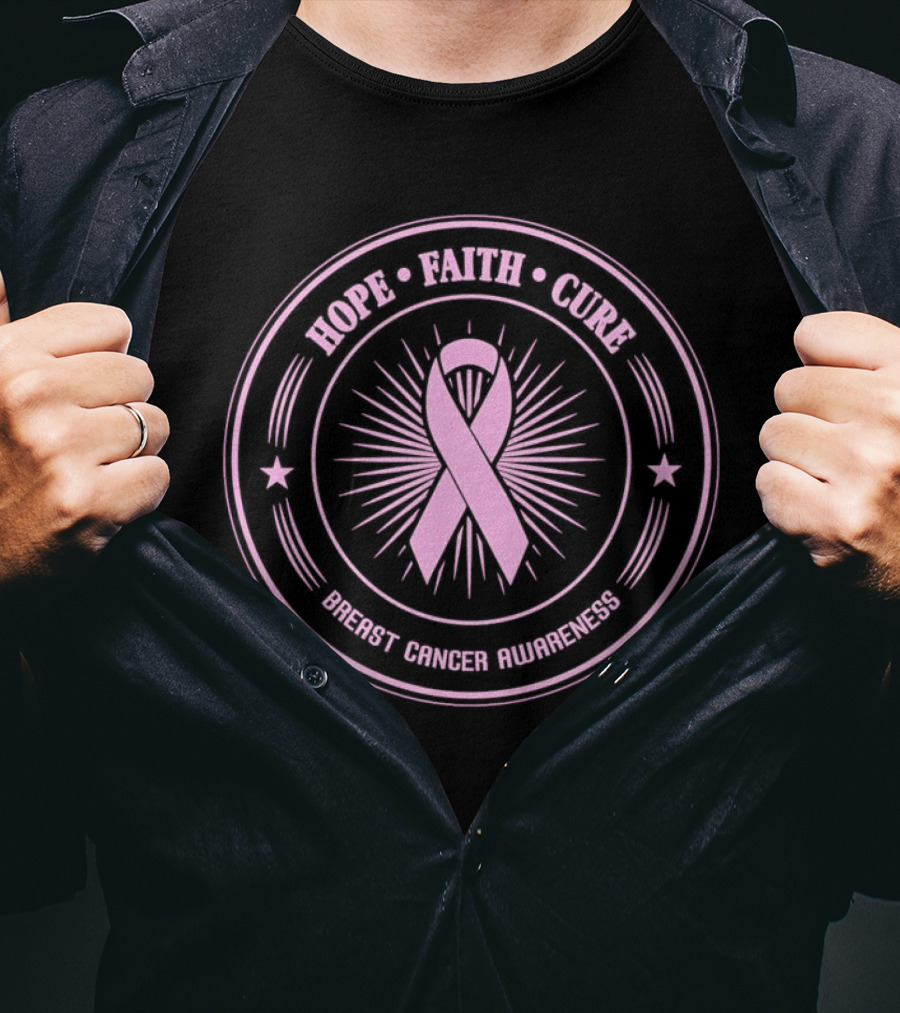 Hope Faith Cure Breast Cancer Awareness Pink Ribbon Emblem T-Shirt