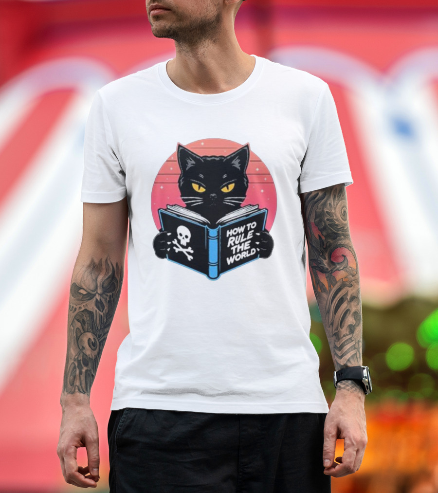 How To Rule The World Black Cat Reading Book with Skull T-Shirt