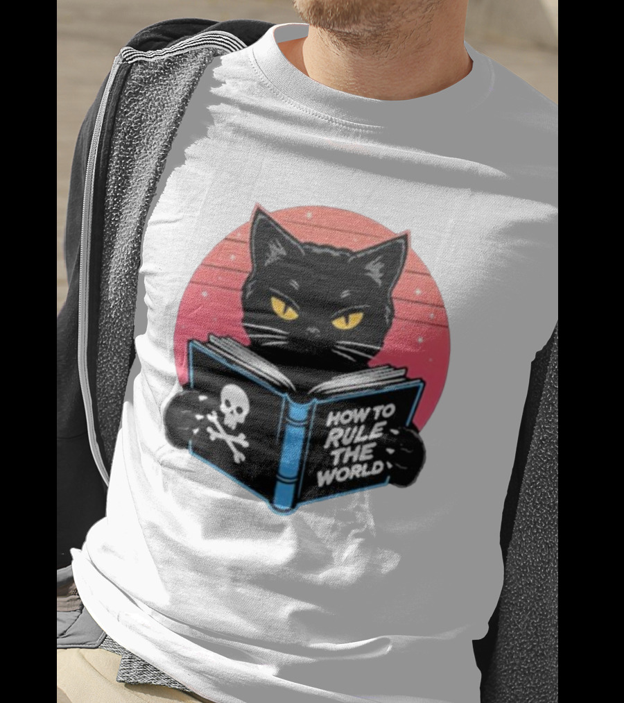 How To Rule The World Black Cat Reading Book With Skull T-Shirt