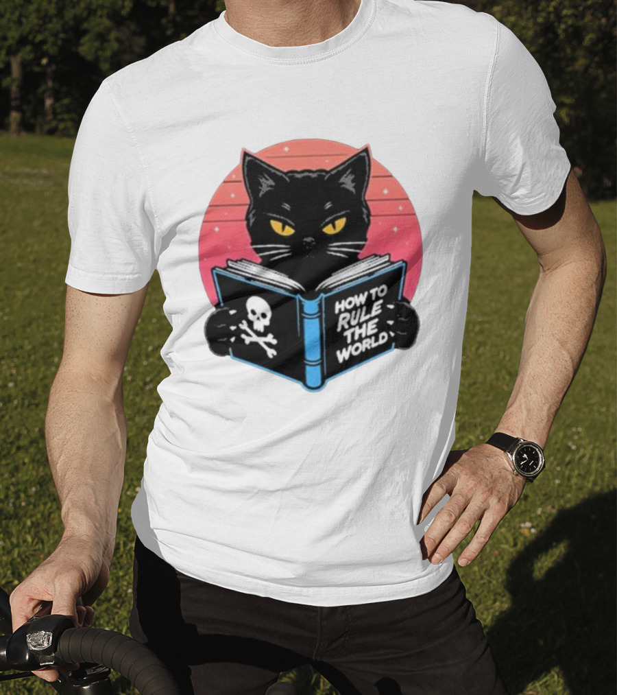 How To Rule The World Black Cat Reading Book With Skull T-Shirt