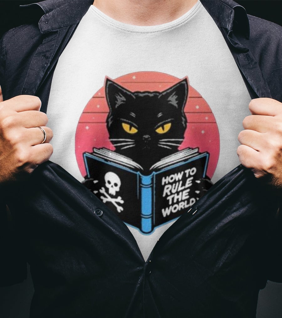 How To Rule The World Black Cat Reading Book With Skull T-Shirt