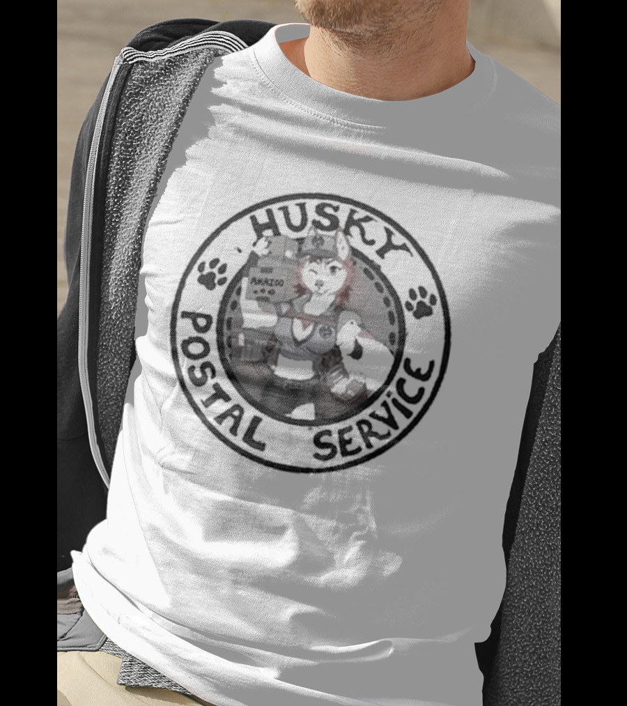 Husky Postal Service Paw Print Circle With Uniformed Mascot Holding Packages T-Shirt