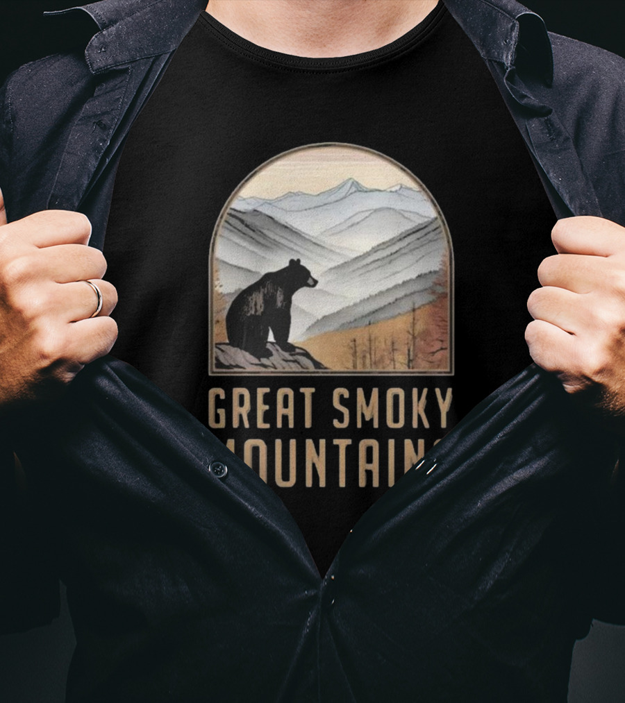 Great Smoky Mountains National Park Bear Silhouette Over Scenic Mountain Landscape T-Shirt